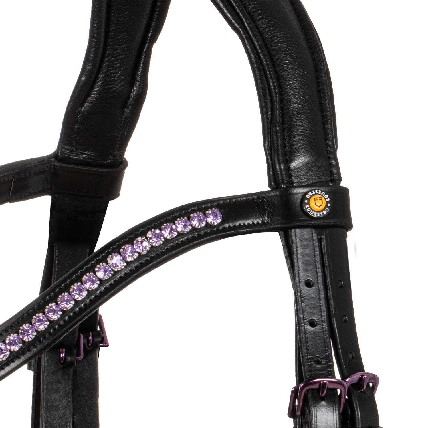Anatomická kožená uzdečka Equestro s černým kováním a fialovými kamínky