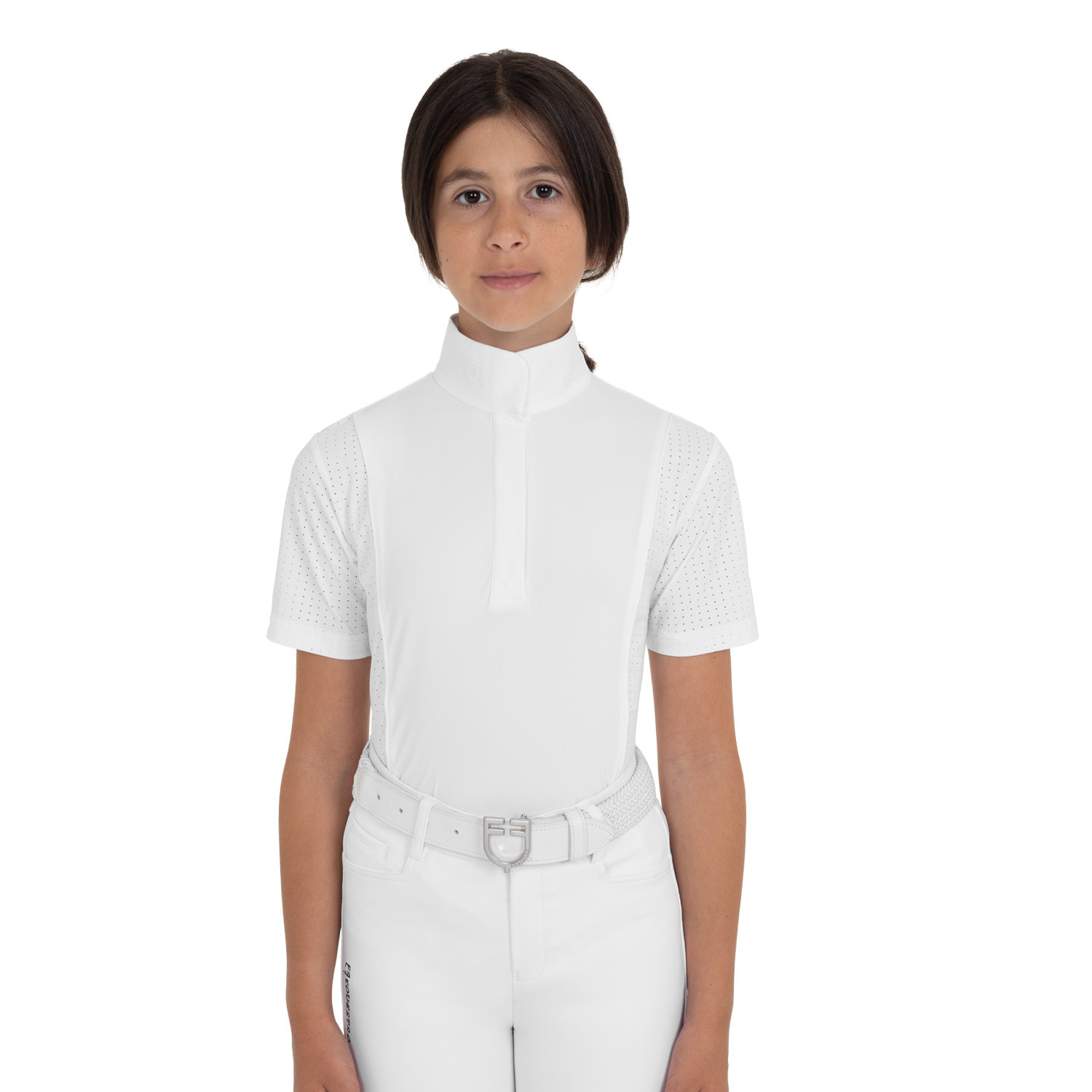 Girls' short-sleeved competition polo shirt with mesh inserts