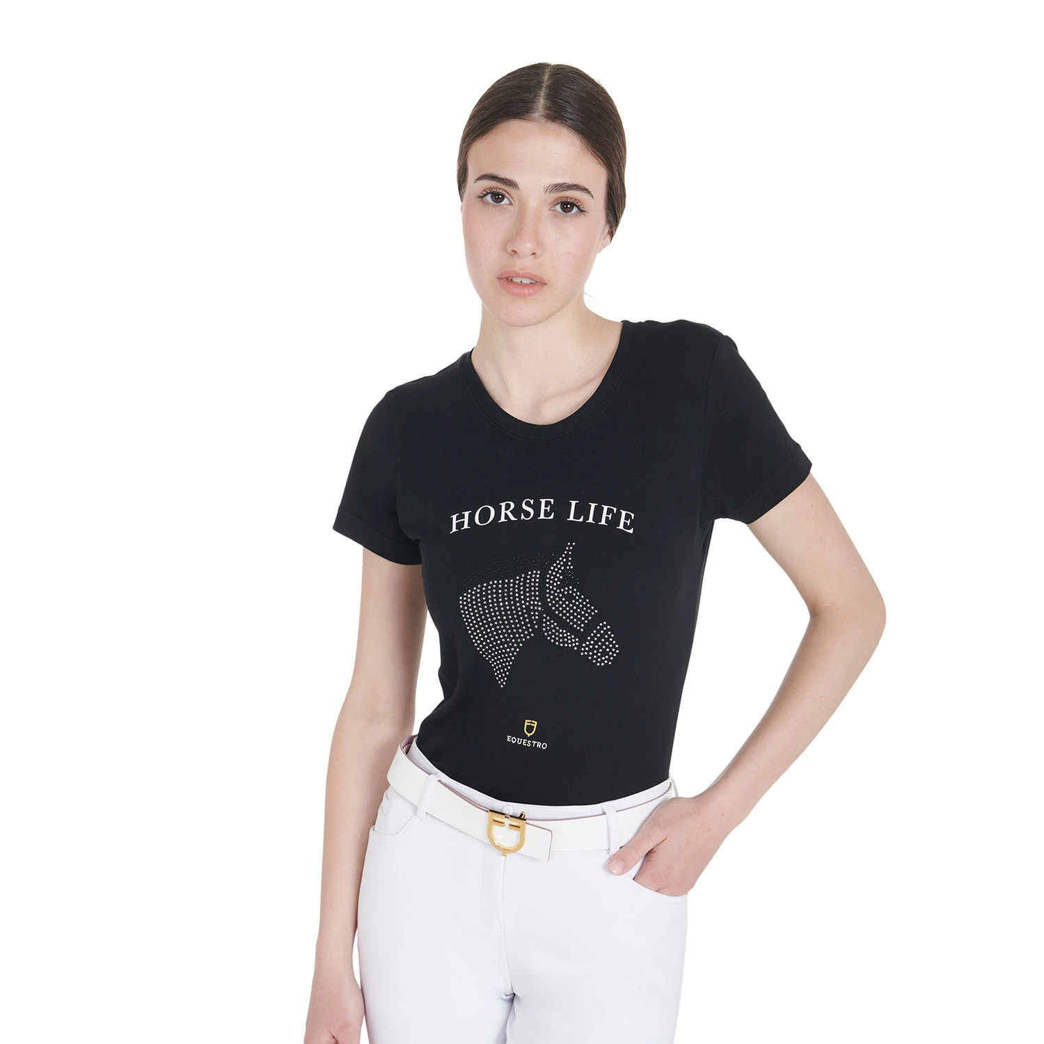 Dames slim fit t-shirt paard leven met strass-steentjes