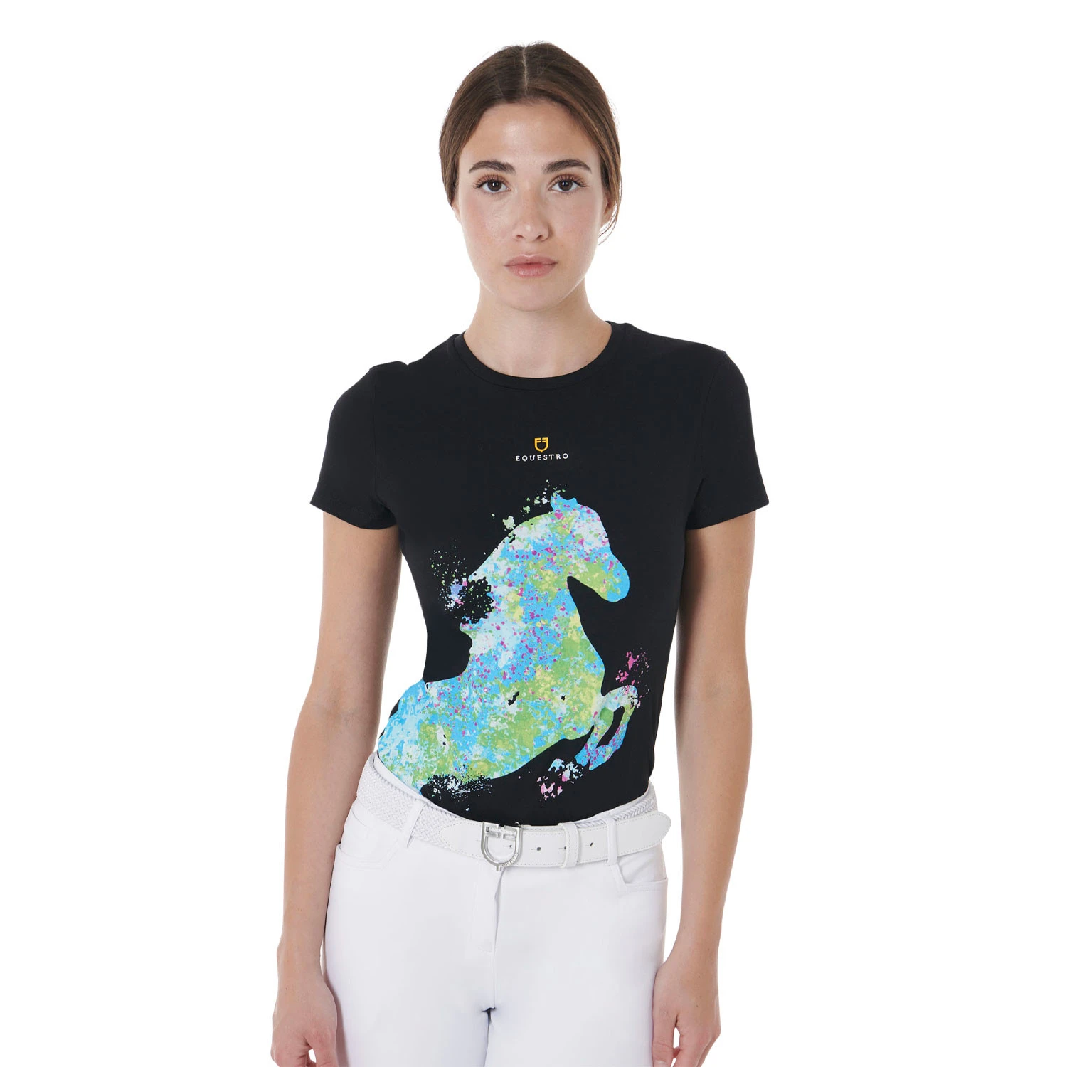 Dames slim fit T-shirt met abstracte paardenprint