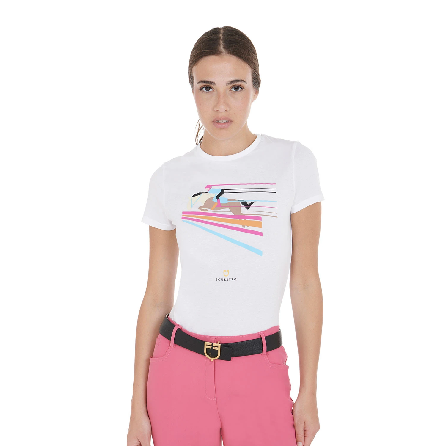 Damen-Slim-Fit-T-Shirt mit buntem Sprung-Design