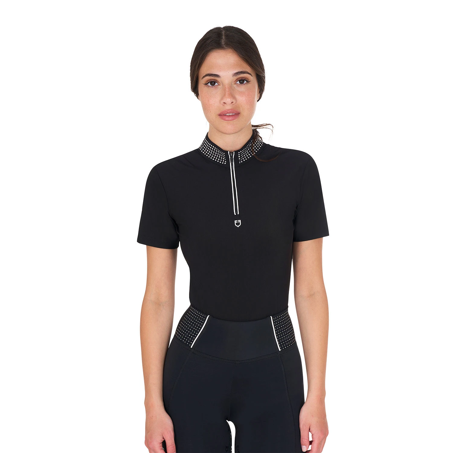 Dames slim fit trainingspolo met rits en kraag met strass-steentjes