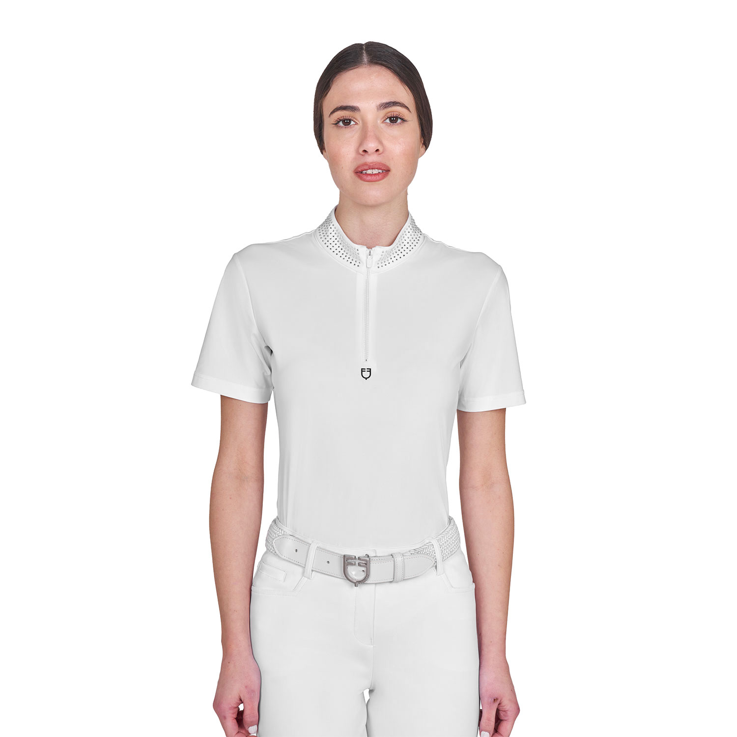 Women's slim fit training polo shirt with zip and collar rhinestones