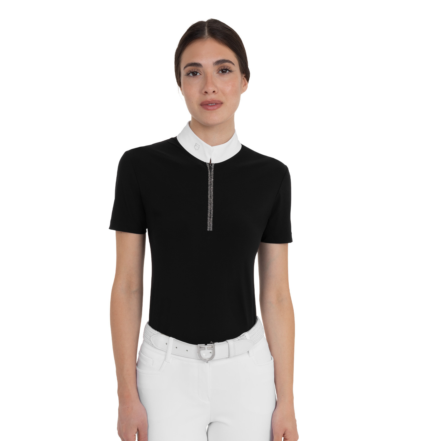 Women's short-sleeved competition polo shirt with rhinestones