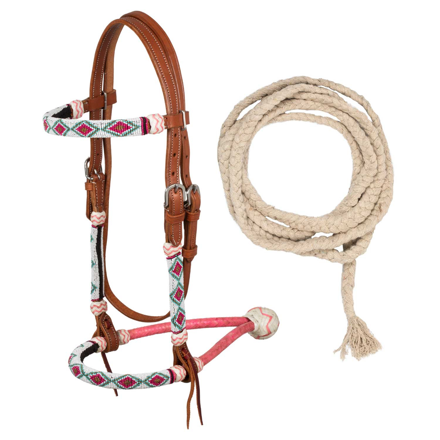 Beaded bosal bridle with cotton mecate reins