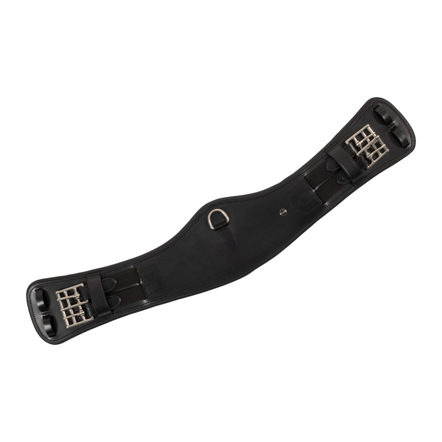 Shaped leather dressage girth with logo pin