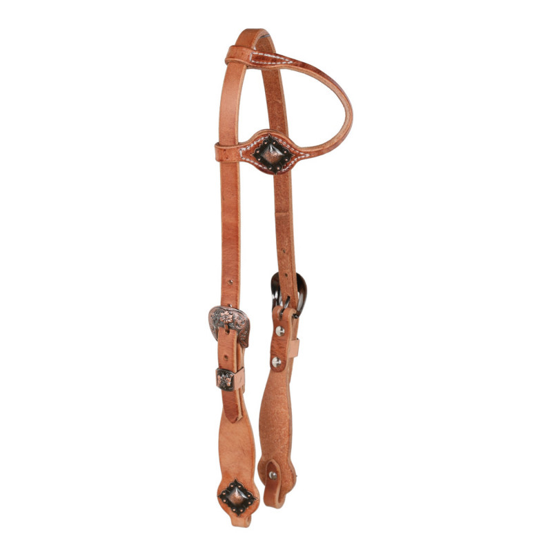 Fibbia floreale in rame con un orecchio e concho a diamante, briglia western oliata