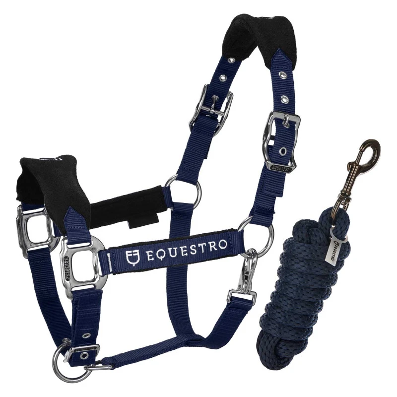 Halter with double adjustment and lead rope