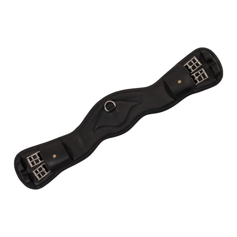 Shaped leather dressage girth with logo pin