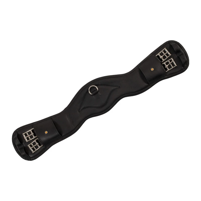 Shaped leather dressage girth with logo pin