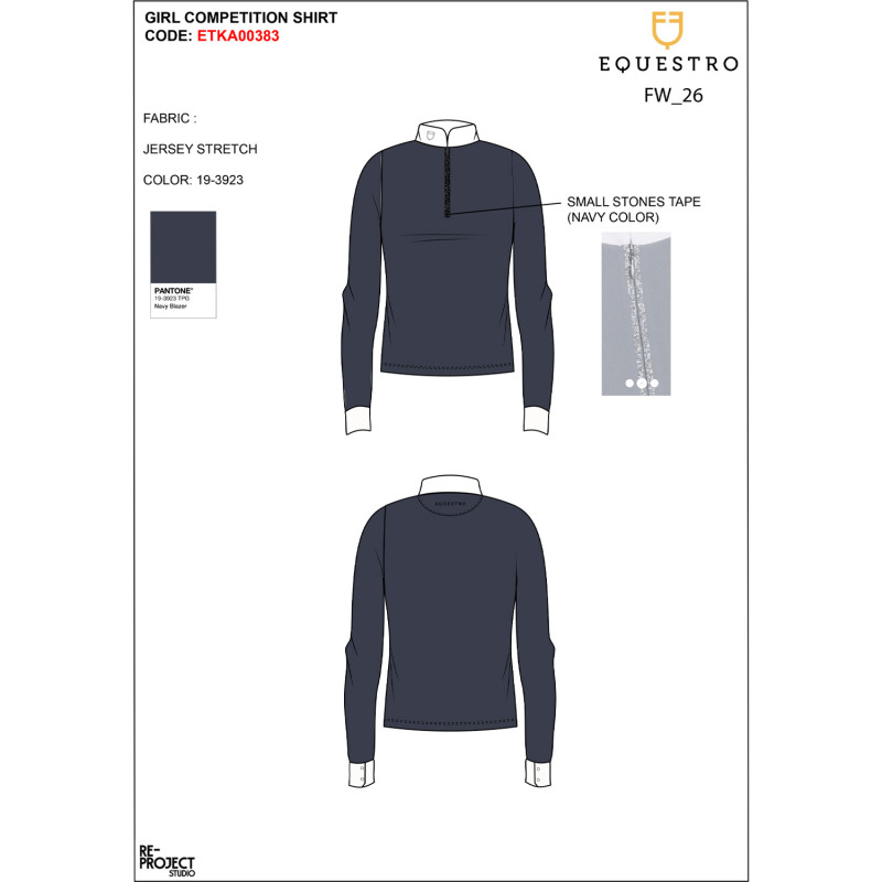 Girls' long-sleeved competition polo shirt with rhinestones