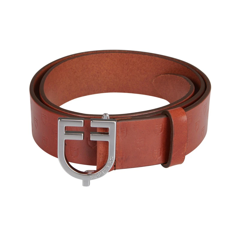 Leather logo belt with logoed buckle