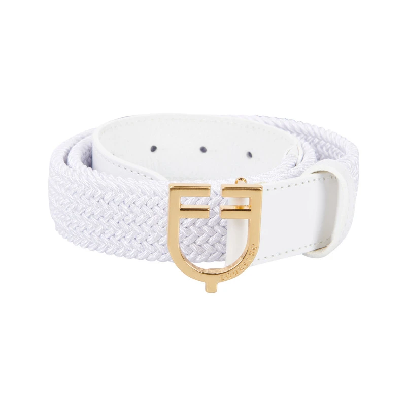 Leather elastic belt with logoed buckle