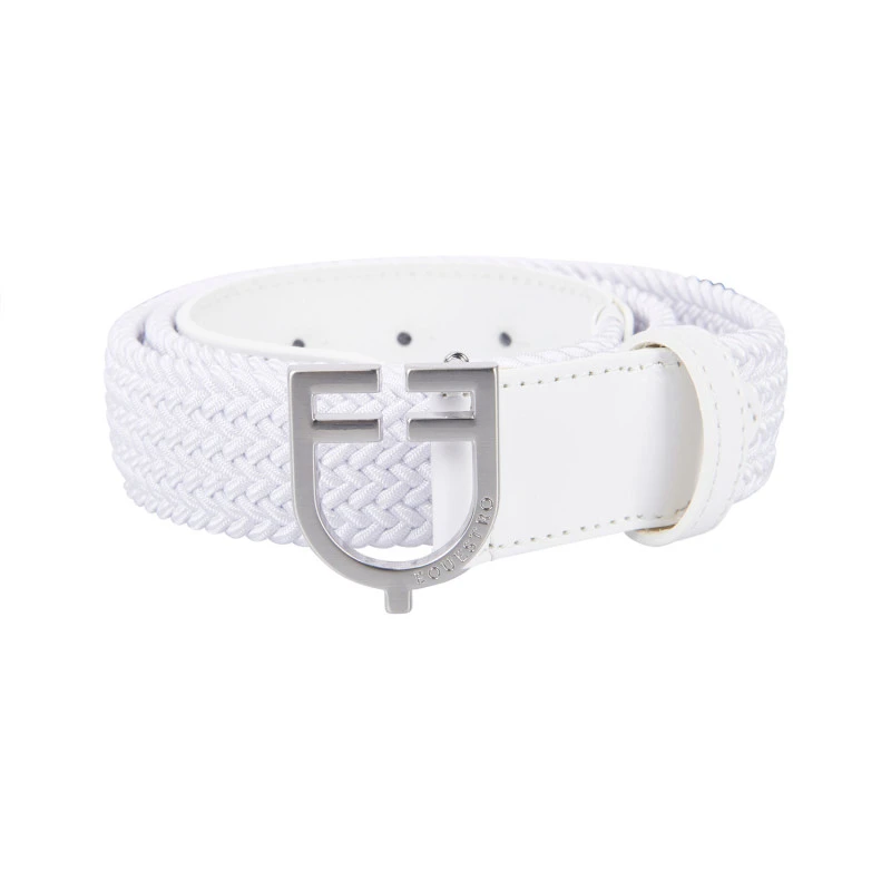 Leather elastic belt with logoed buckle