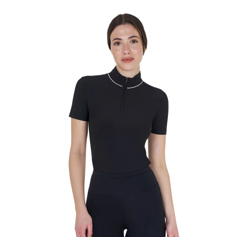 Polo de entrenamiento para mujer slim fit con cremallera y perlas en el cuello