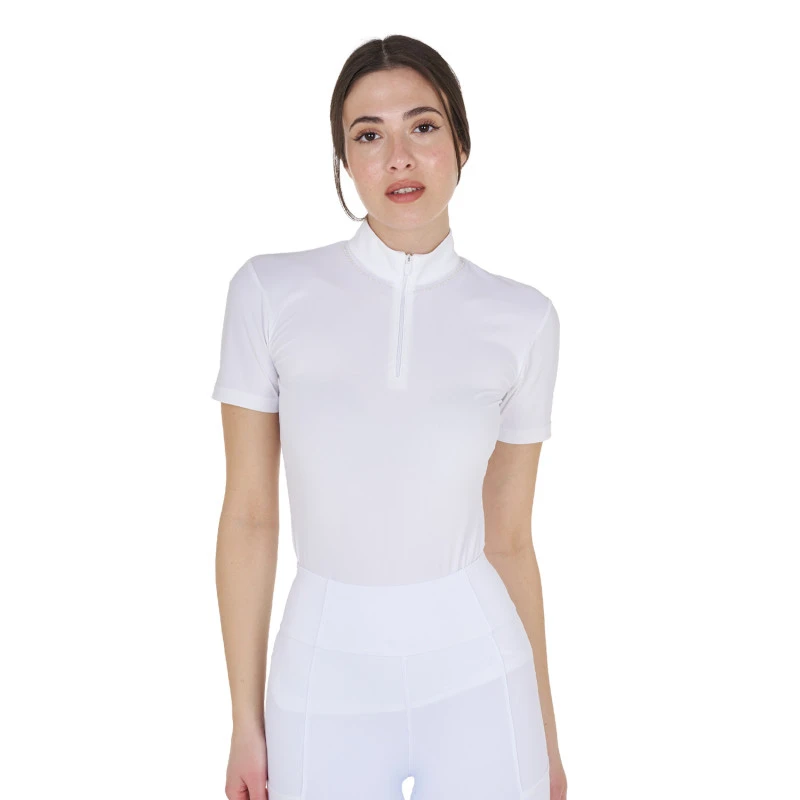 Polo de entrenamiento para mujer slim fit con cremallera y perlas en el cuello