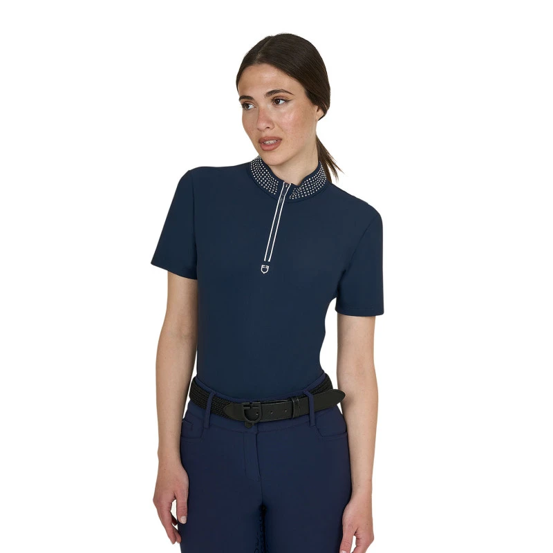 Women's slim fit training polo shirt with zip and collar rhinestones