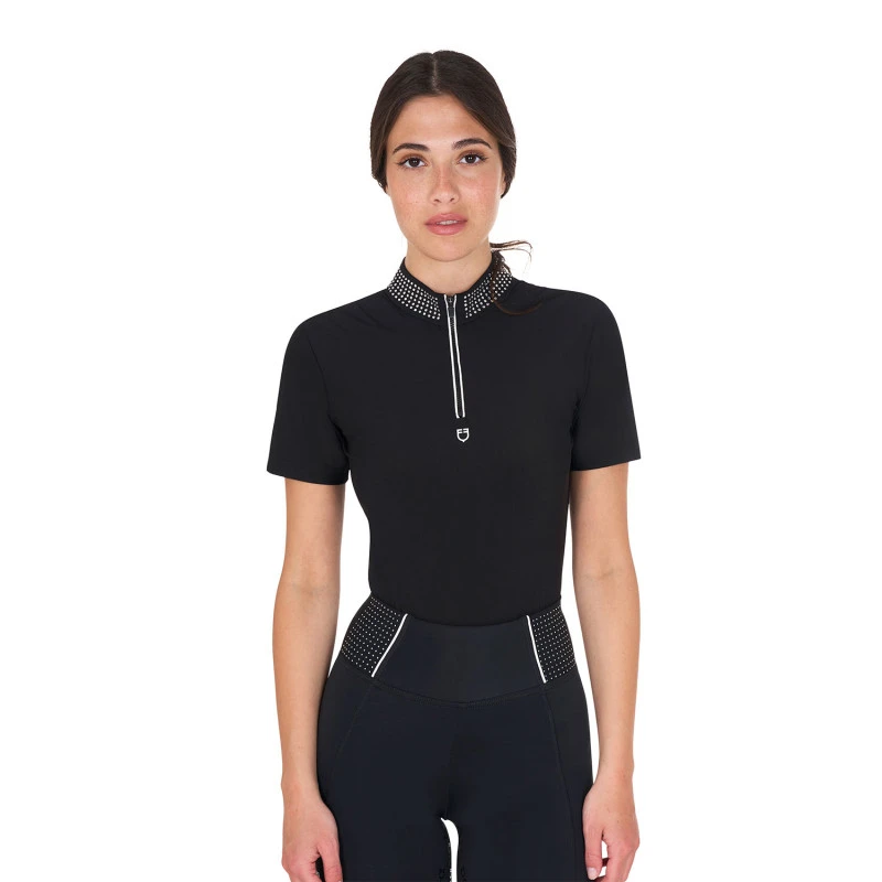 Women's slim fit training polo shirt with zip and collar rhinestones