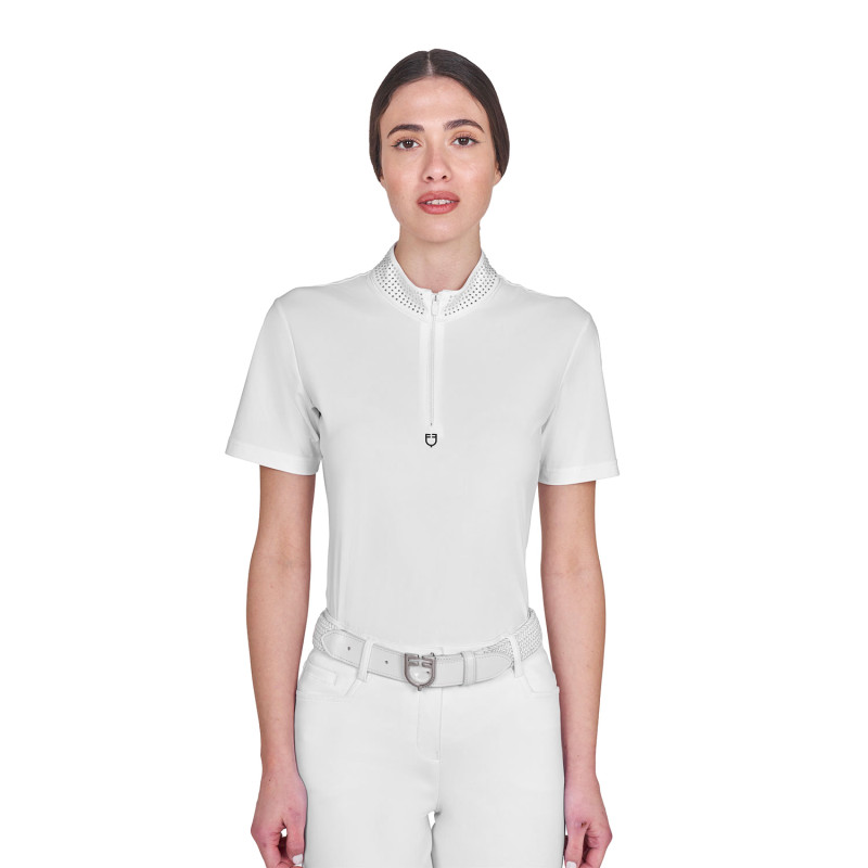 Women's slim fit training polo shirt with zip and collar rhinestones