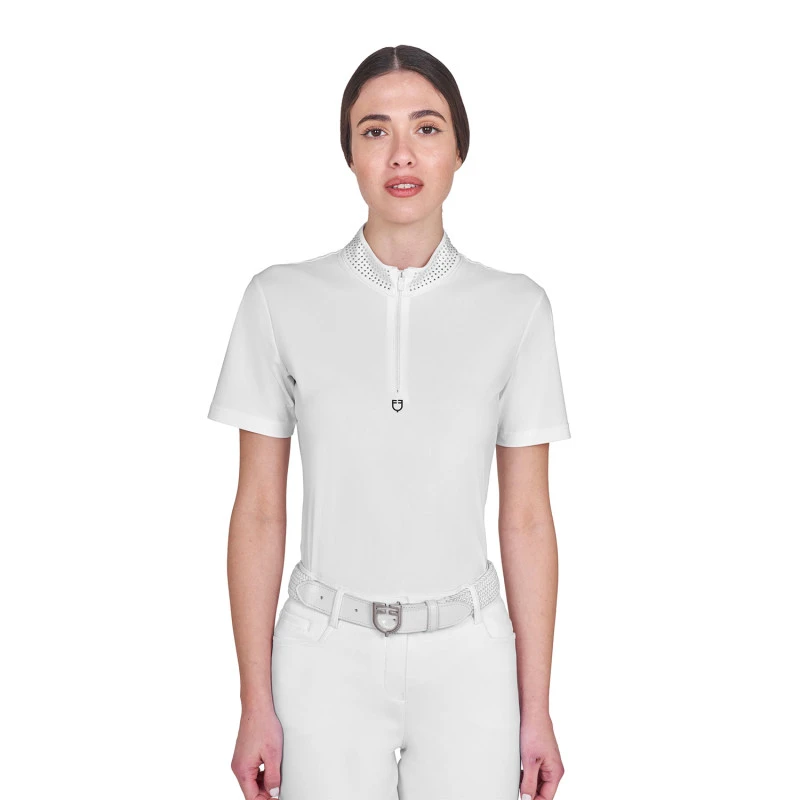 Women's slim fit training polo shirt with zip and collar rhinestones