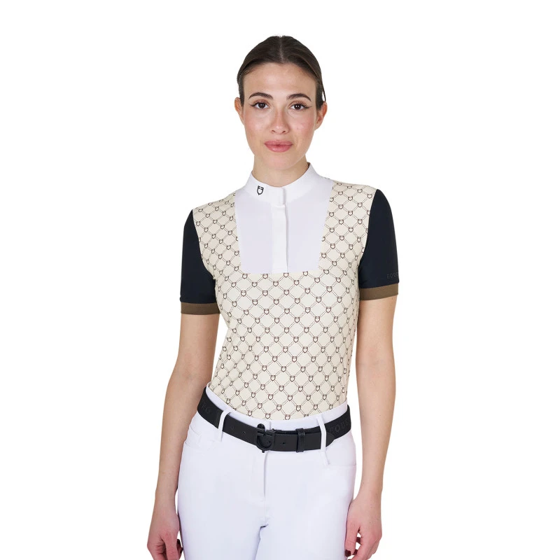Camiseta polo de competición femenina con estampado de monograma y cremallera corta