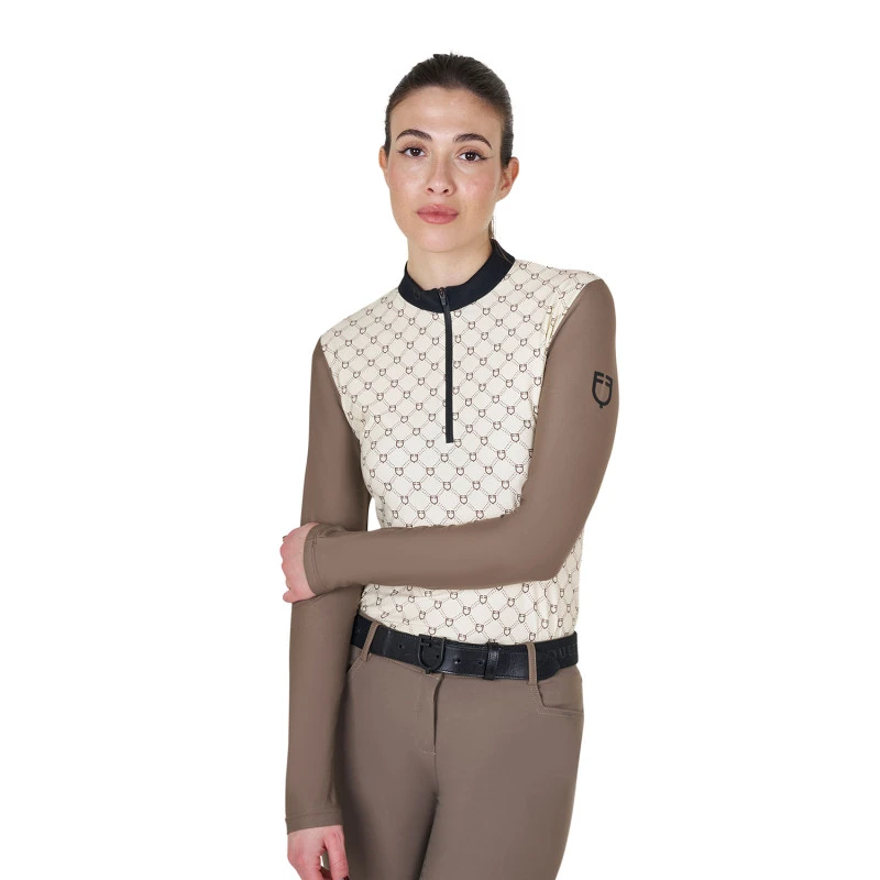 Women's long-sleeved training polo shirt with monogram print