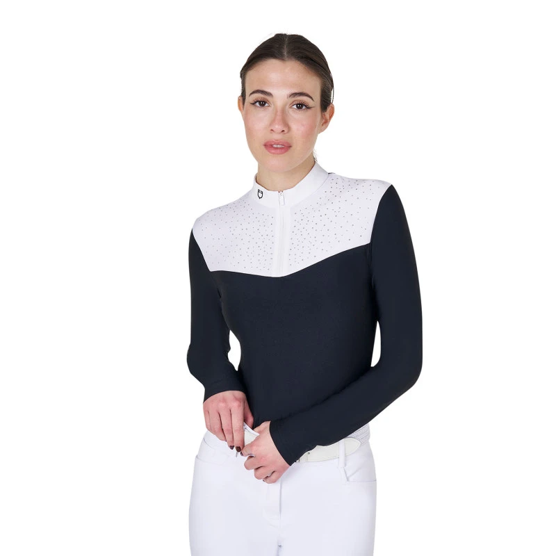Camiseta polo de competición con strass de manga larga con cremallera de la colección Black Label para mujer