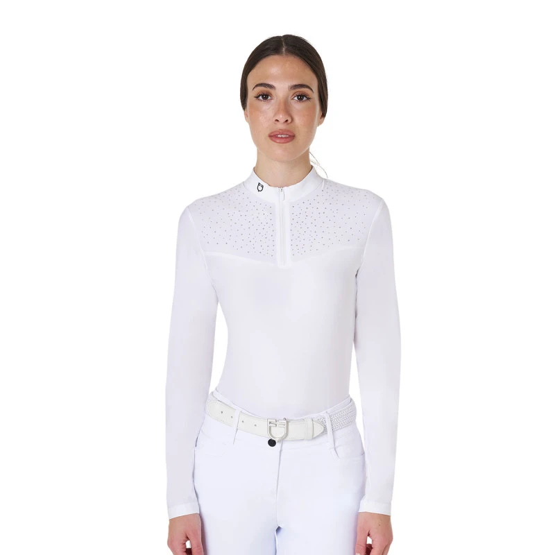 Schwarze Label Kollektion Damen Wettbewerb Strass Polo Shirt LS Zip