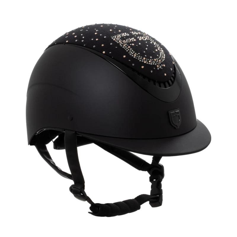 Matt helmet with narrow visor and rhinestone logo homologation EN 1384-2023