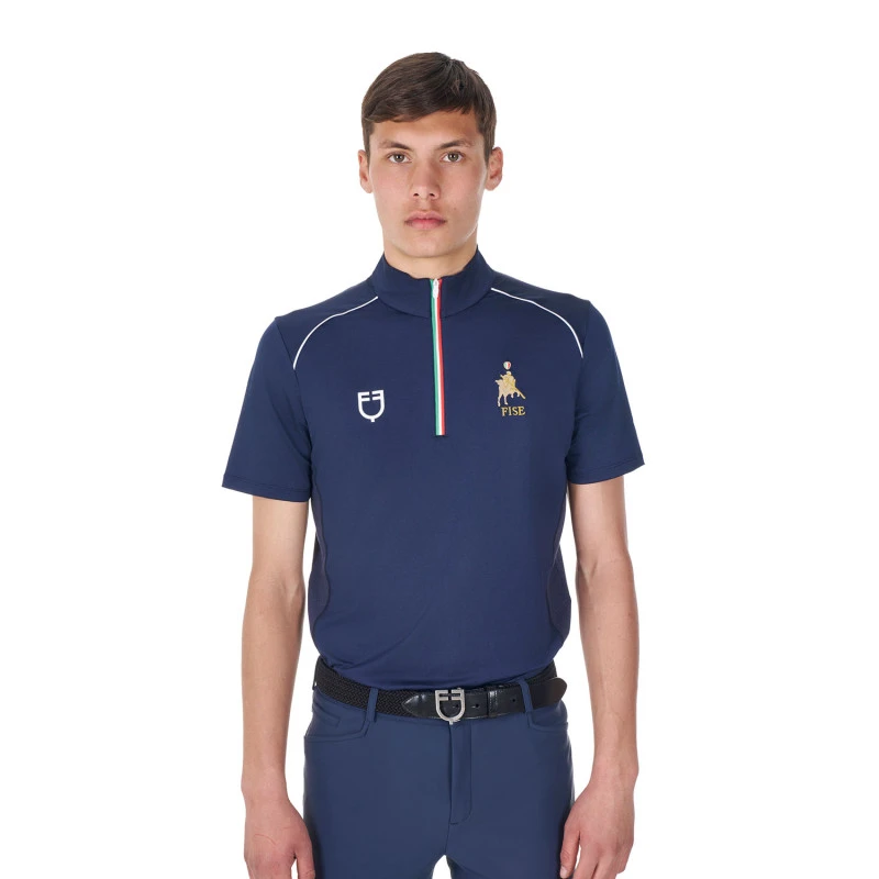 Men's training polo shirt with Italian flag zip Equestro X FISE