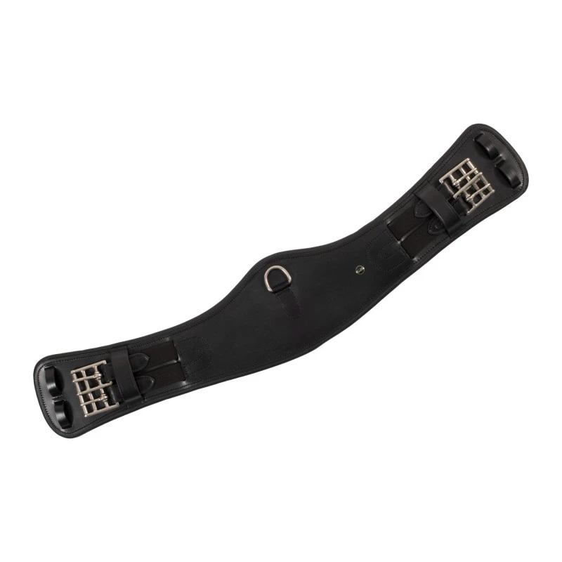 Shaped leather dressage girth with logo pin